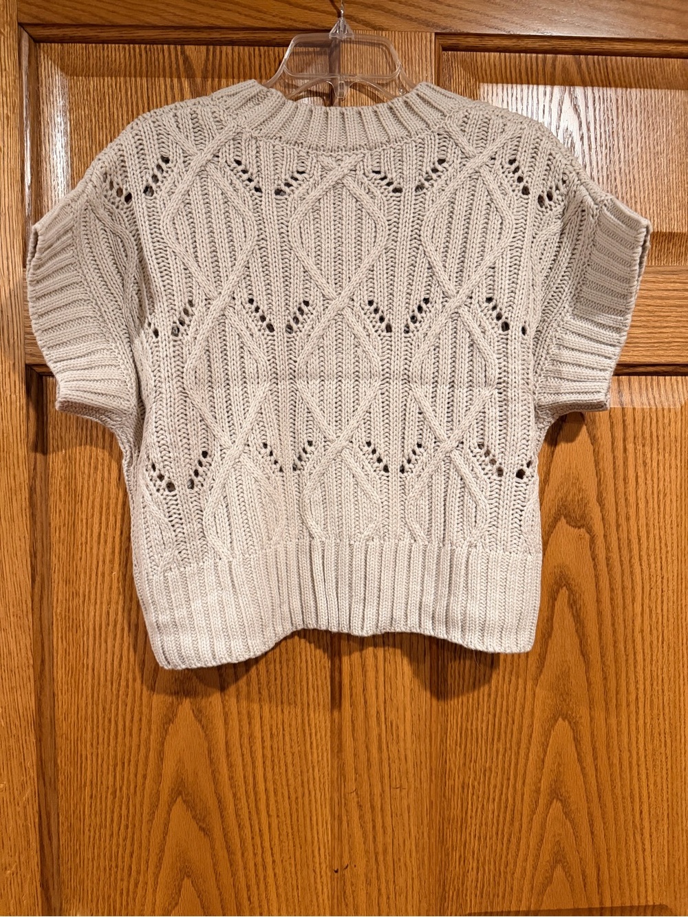 Zenana Outfitters Cream Cable-Knit Short Sleeve Crew Sweater - Picture 3 of 4
